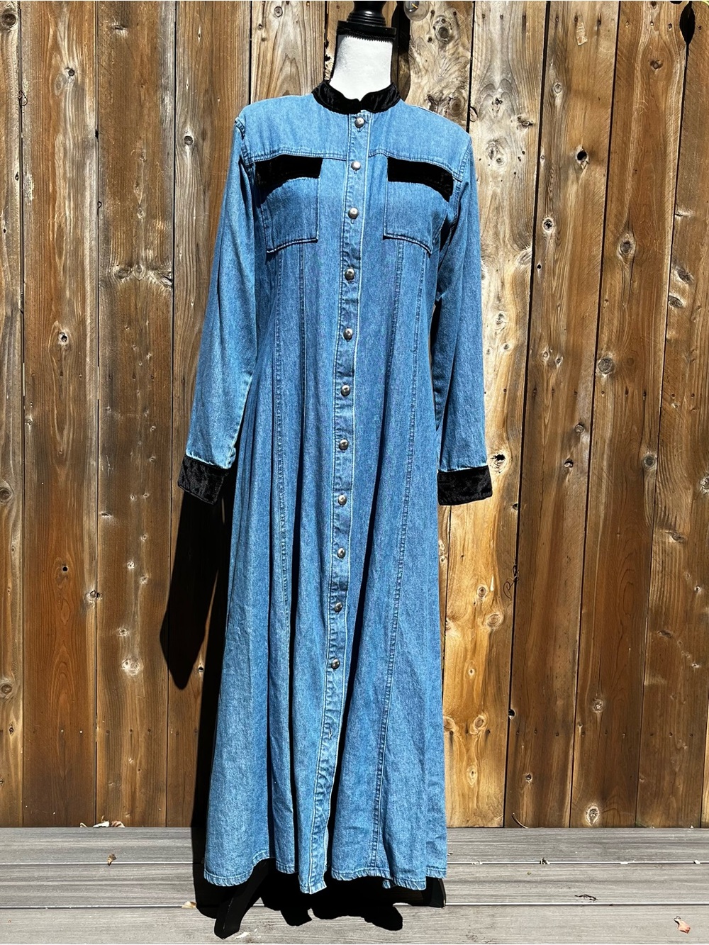 Vintage 70s Blue Denim Button-Front Maxi Dress with Velvet Black Trim